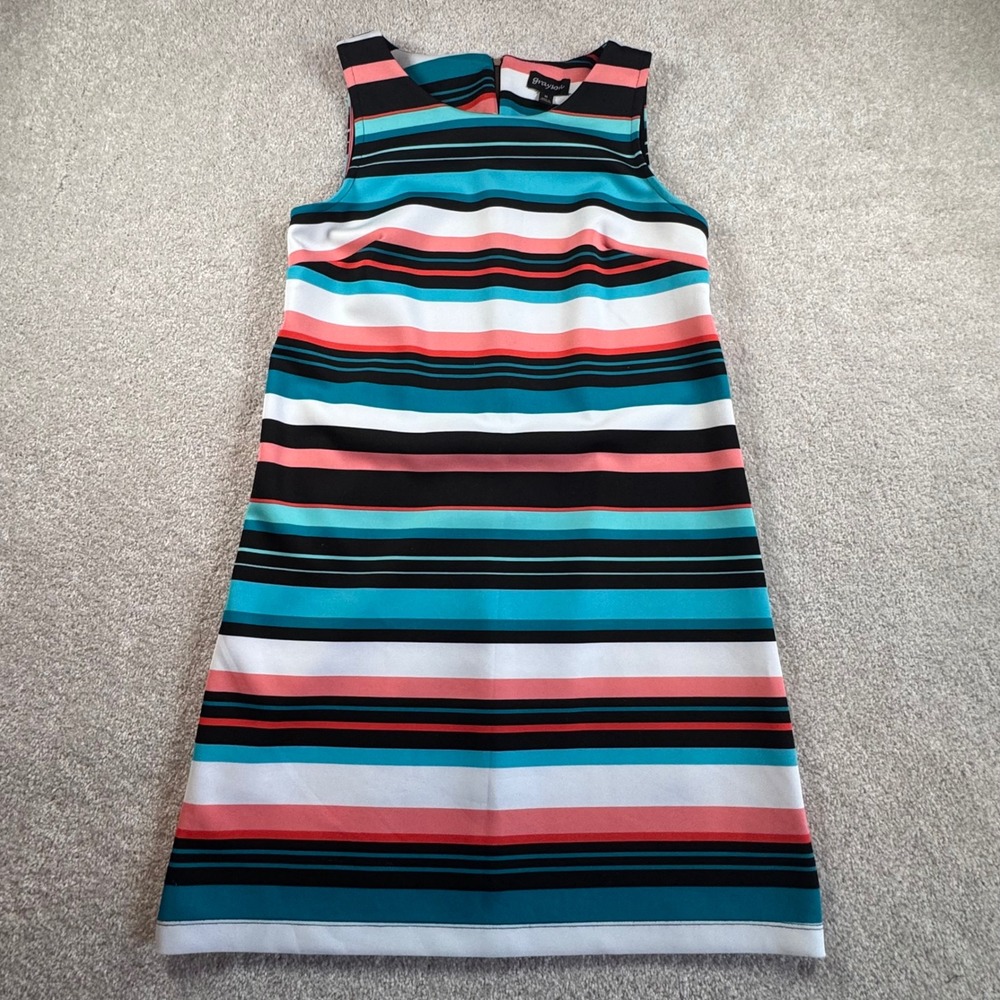 Grayson Womens Teal Coral Striped Sleeveless Shift Dress Size Medium Round Neck
